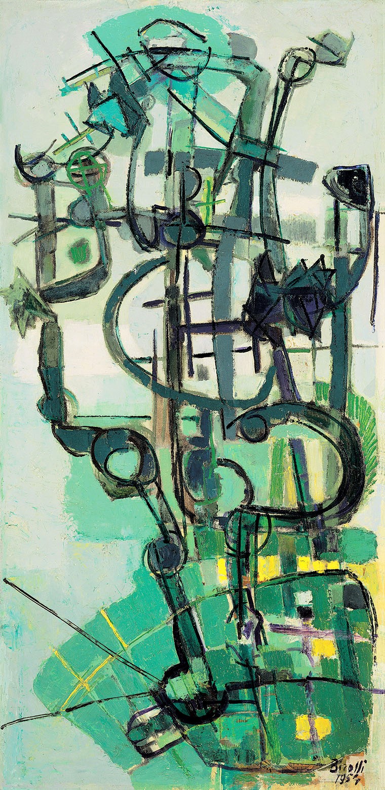 Renato Birolli, La vigna è bianca, 1954, olio su tela, 127x63 cm, Milano, collezione privata